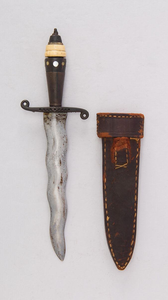 Dagger with Sheath, Steel, leather, brass, horn, mother-of-pearl, Philippine, Mindanao