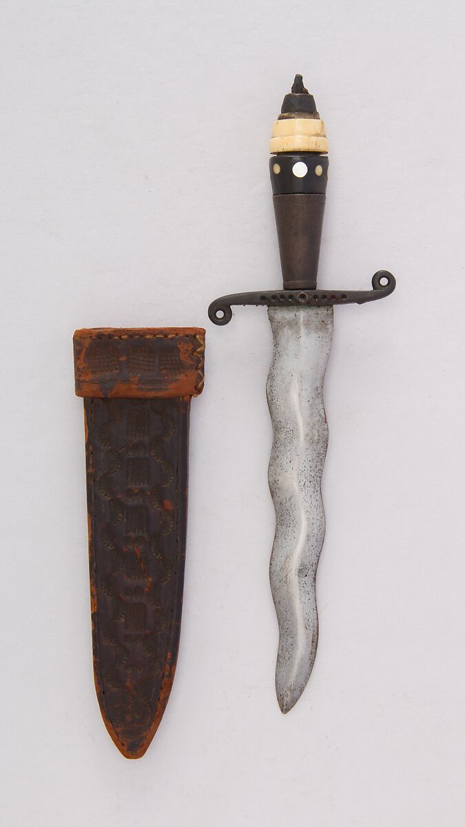 Dagger with Sheath, Steel, leather, brass, horn, mother-of-pearl, Philippine, Mindanao 