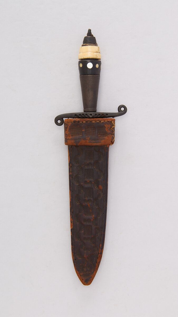 Dagger with Sheath, Steel, leather, brass, horn, mother-of-pearl, Philippine, Mindanao
