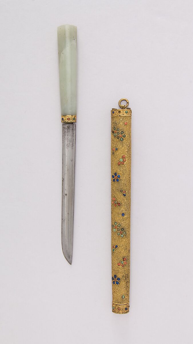 Knife with Sheath, Steel, jade, gold, turquoise, coral, lapis lazuli, Chinese 