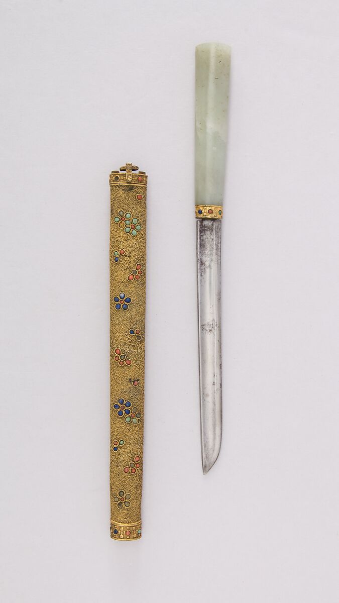 Knife with Sheath, Steel, jade, gold, turquoise, coral, lapis lazuli, Chinese