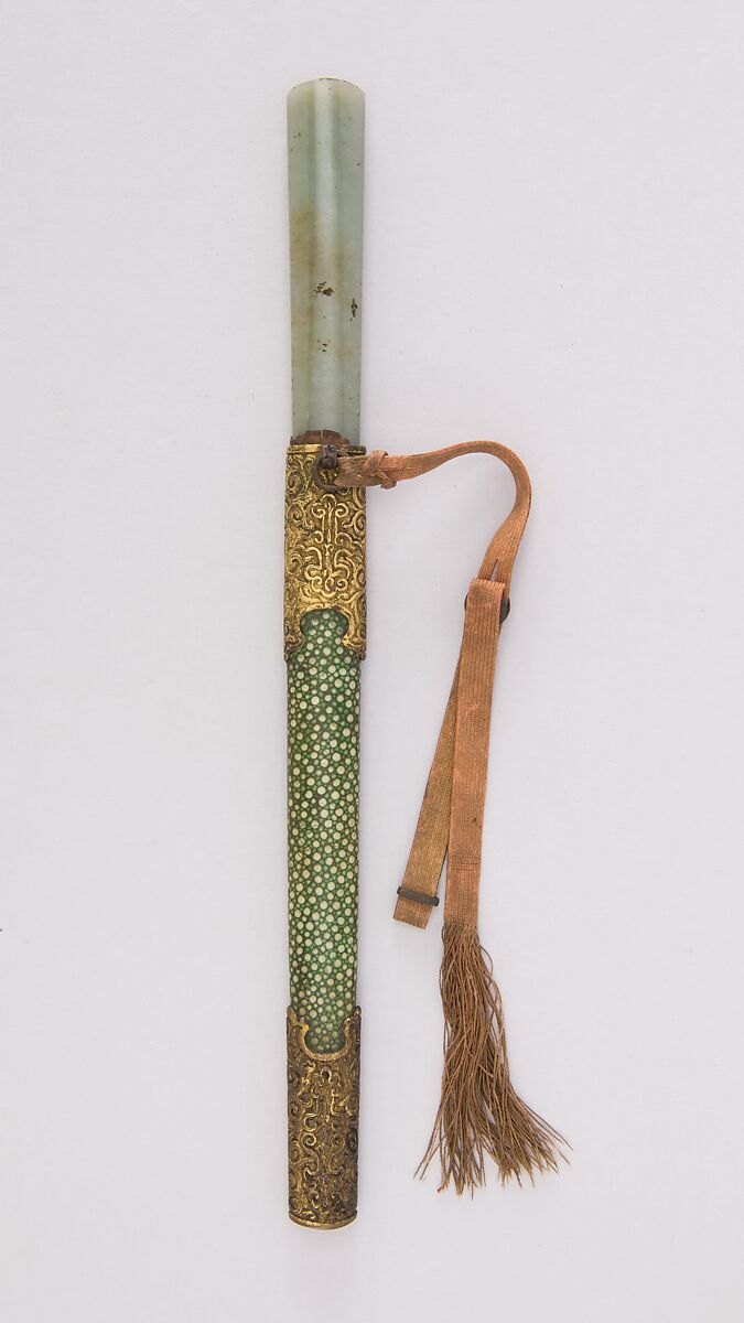 Knife with Sheath, Steel, jade, shark skin, brass, gold, Chinese