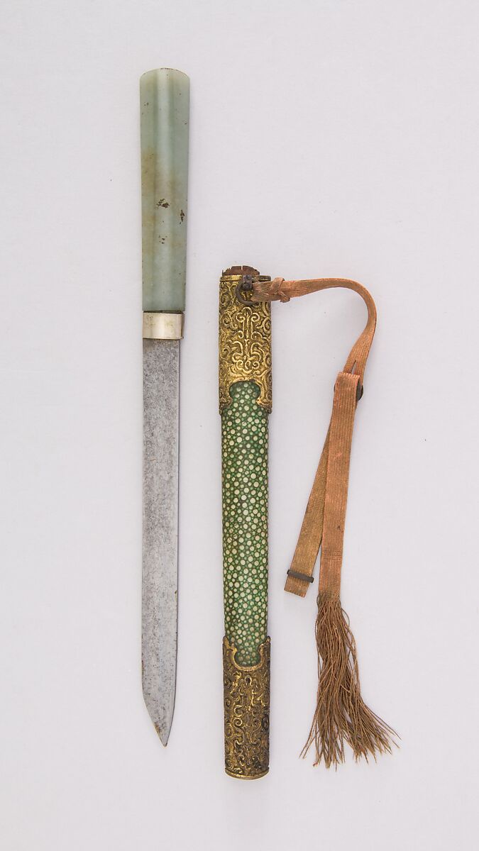 Knife with Sheath, Steel, jade, shark skin, brass, gold, Chinese 