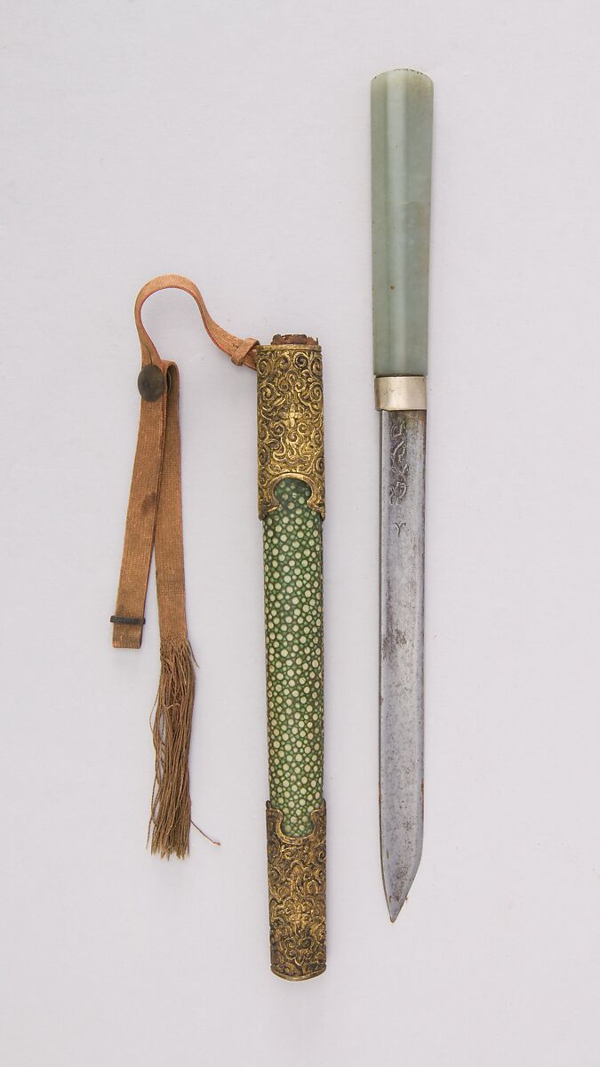 Knife with Sheath, Steel, jade, shark skin, brass, gold, Chinese