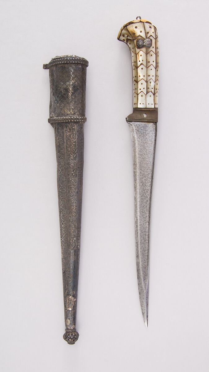 Dagger (Pesh-kabz) with Sheath and Baldric, Steel, silver, mother-of-pearl, gold, wood, brass, ivory, Indian 