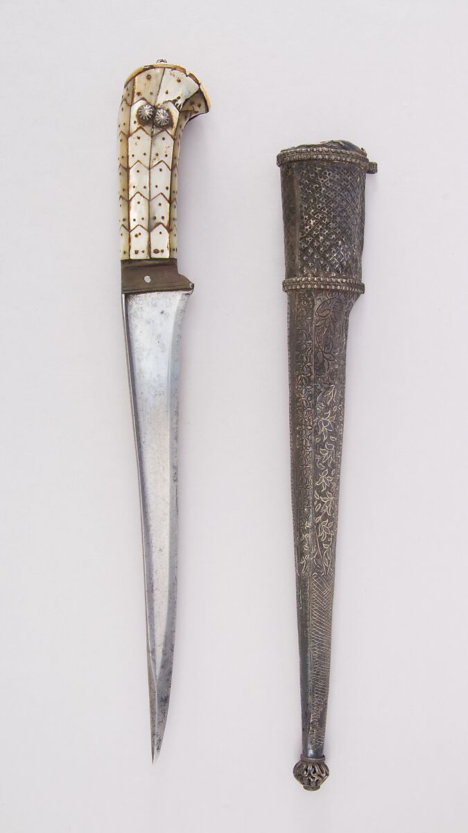 Dagger (Pesh-kabz) with Sheath and Baldric, Steel, silver, mother-of-pearl, gold, wood, brass, ivory, Indian