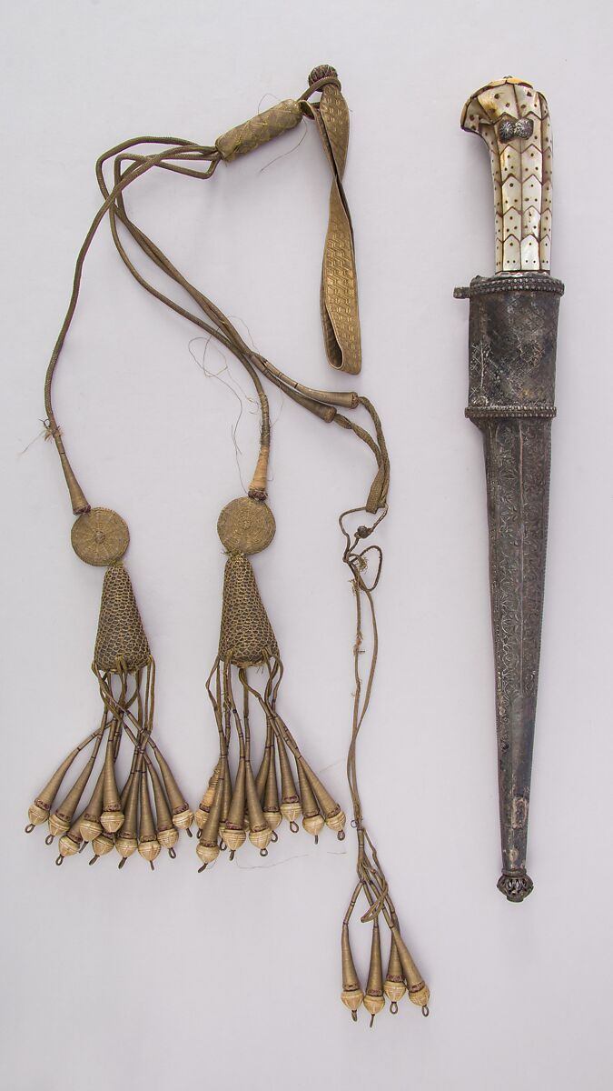 Dagger (Pesh-kabz) with Sheath and Baldric, Steel, silver, mother-of-pearl, gold, wood, brass, ivory, Indian