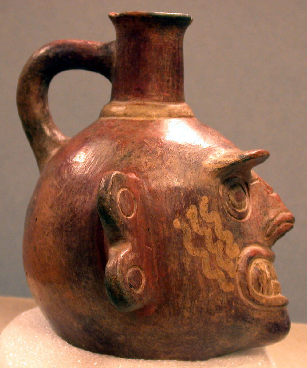 Single Spout Bottle with Fanged Face, Ceramic, Vicús