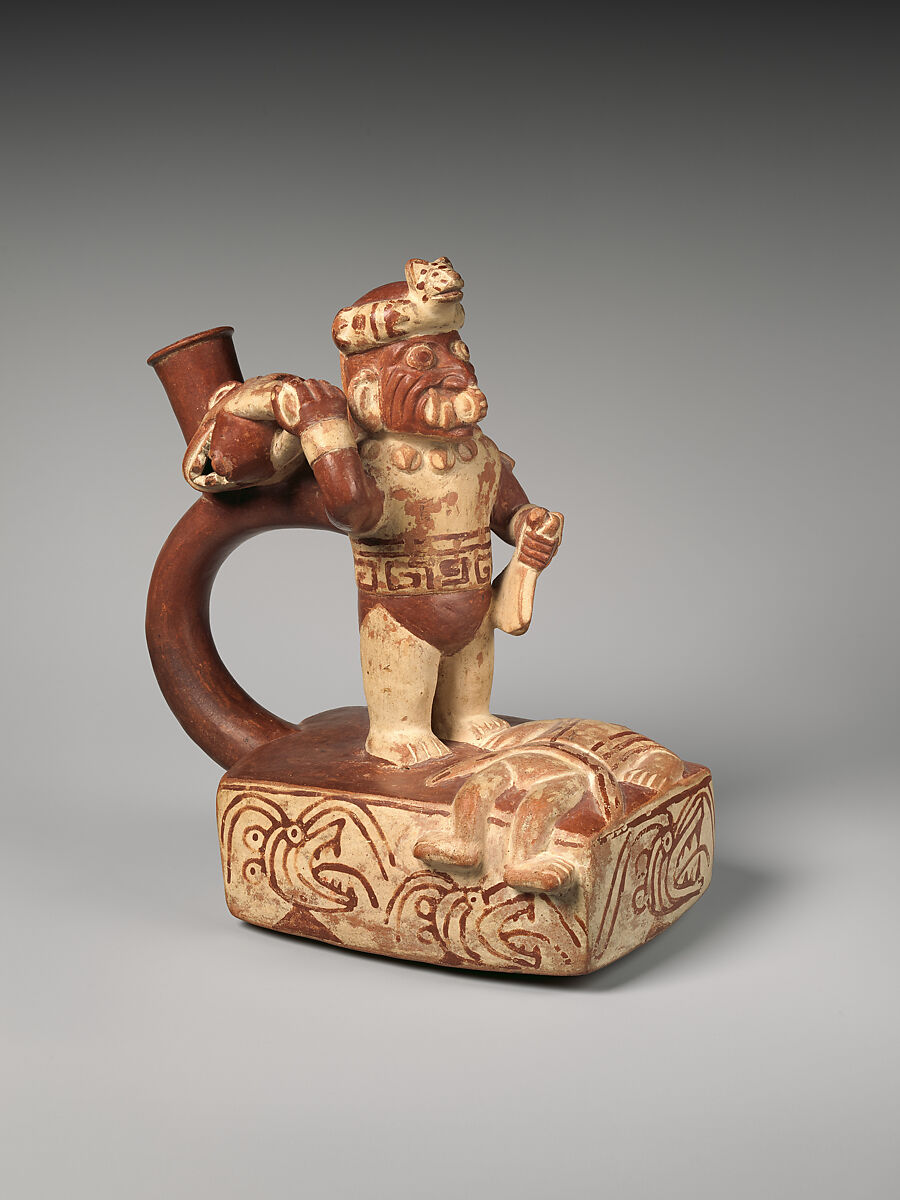 Stirrup-spout bottle with decapitation scene, Ceramic, slip, Moche 