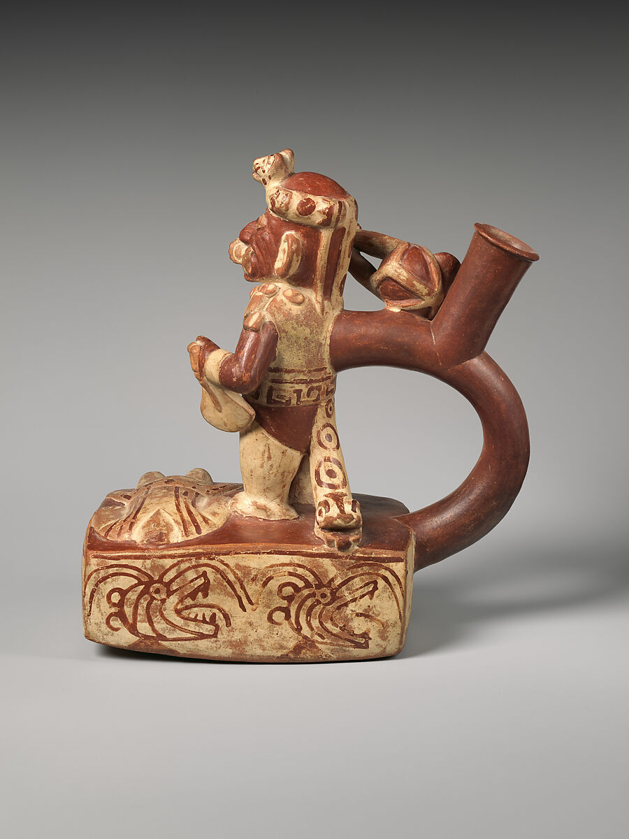 Stirrup-spout bottle with decapitation scene, Ceramic, slip, Moche