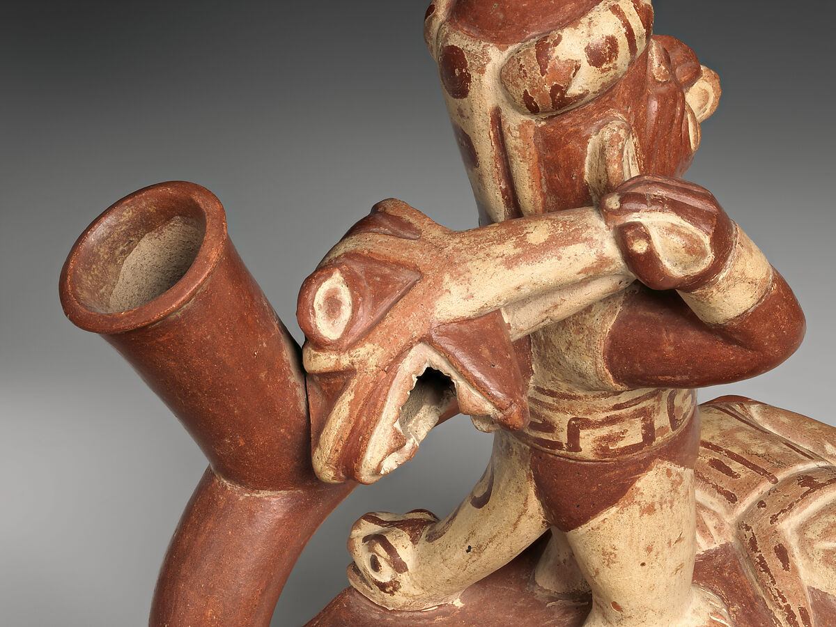 Stirrup-spout bottle with decapitation scene, Ceramic, slip, Moche