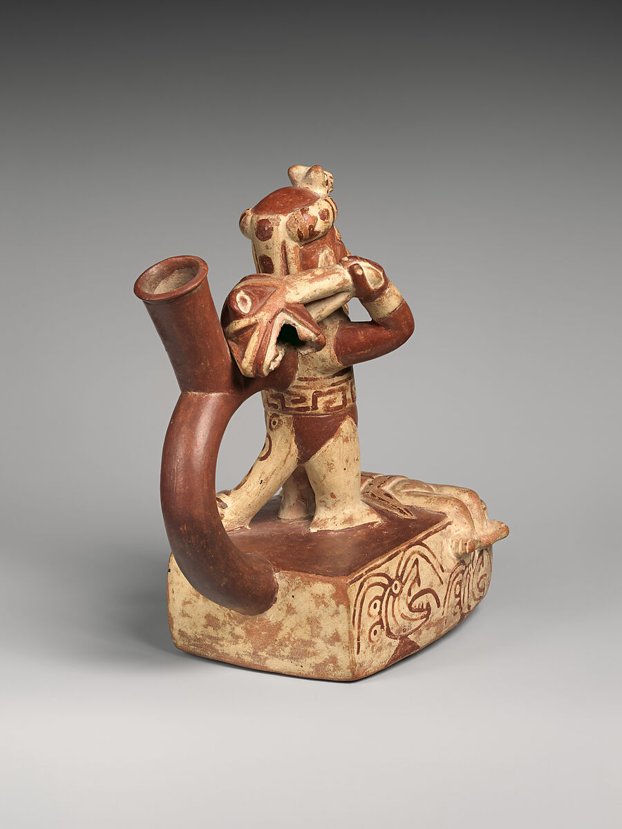 Stirrup-spout bottle with decapitation scene, Ceramic, slip, Moche