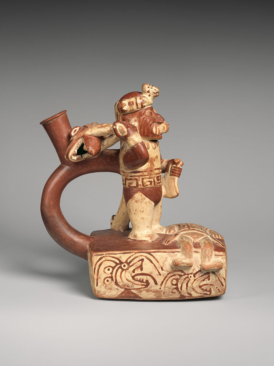 Stirrup-spout bottle with decapitation scene, Ceramic, slip, Moche