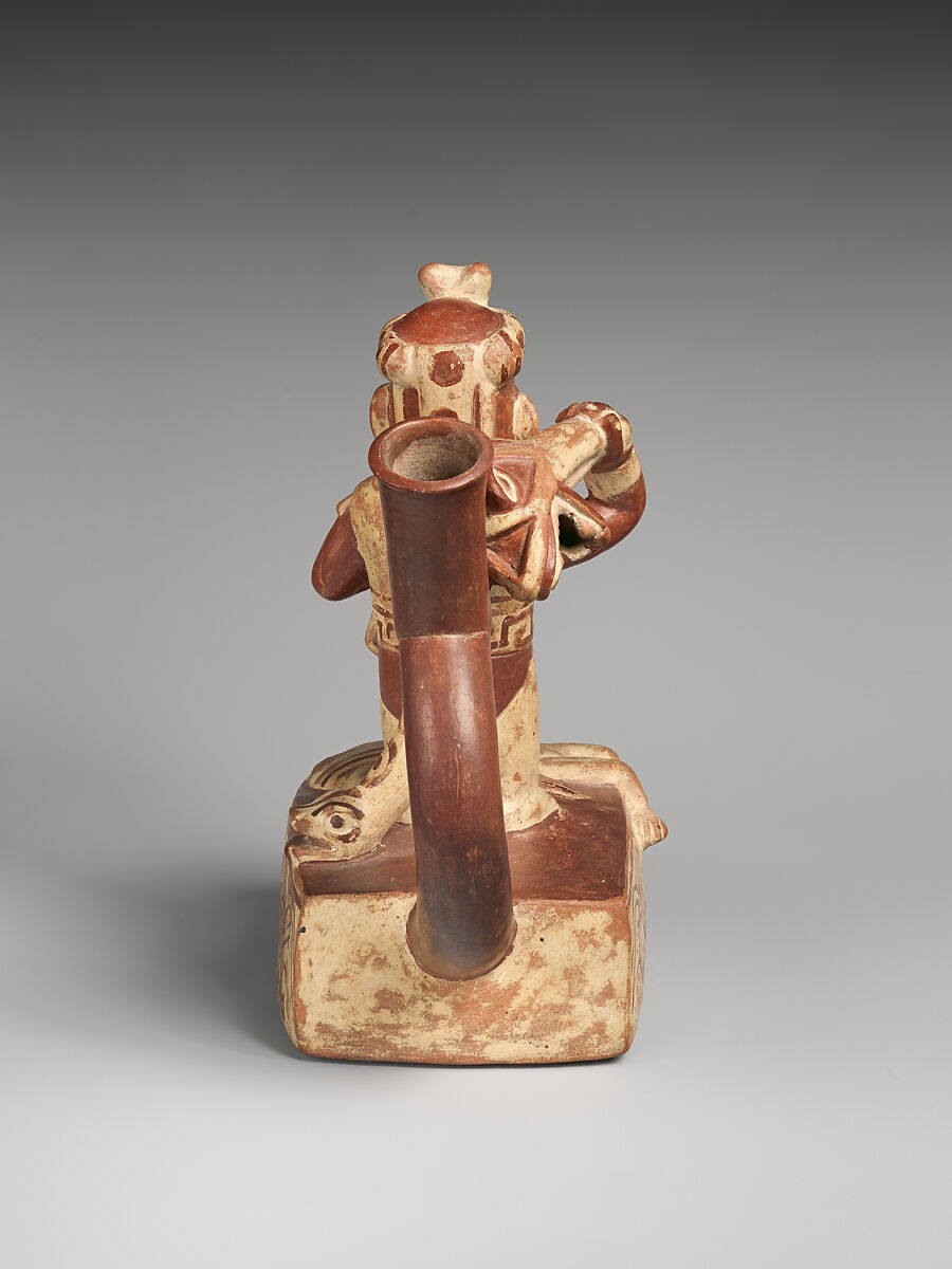 Stirrup-spout bottle with decapitation scene, Ceramic, slip, Moche