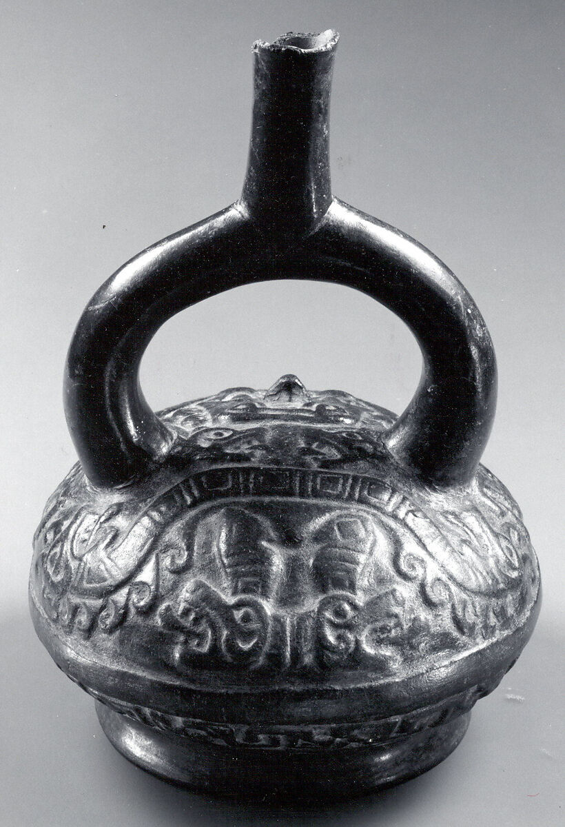 Stirrup Spout Bottle with Fanged Deity, Ceramic, slip, Moche