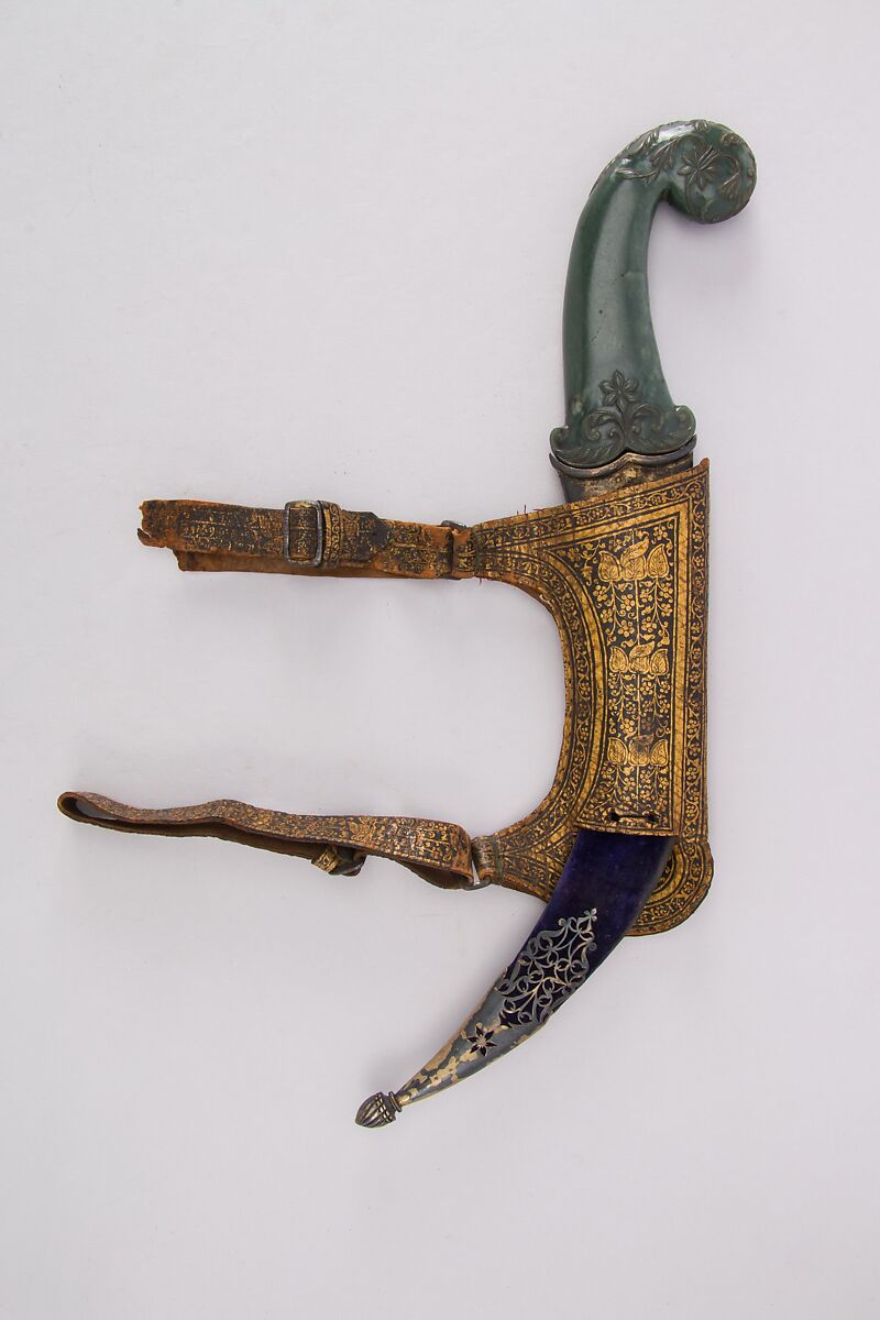 Dagger (Jambiya) with Sheath and Carrier, Steel, silver, jade, leather, wood, lacquer, velvet, Indian, Mughal