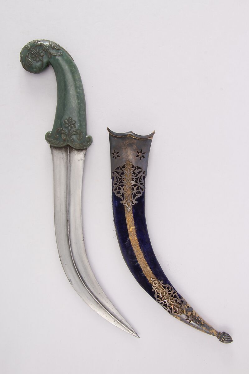 Dagger (Jambiya) with Sheath and Carrier, Steel, silver, jade, leather, wood, lacquer, velvet, Indian, Mughal 