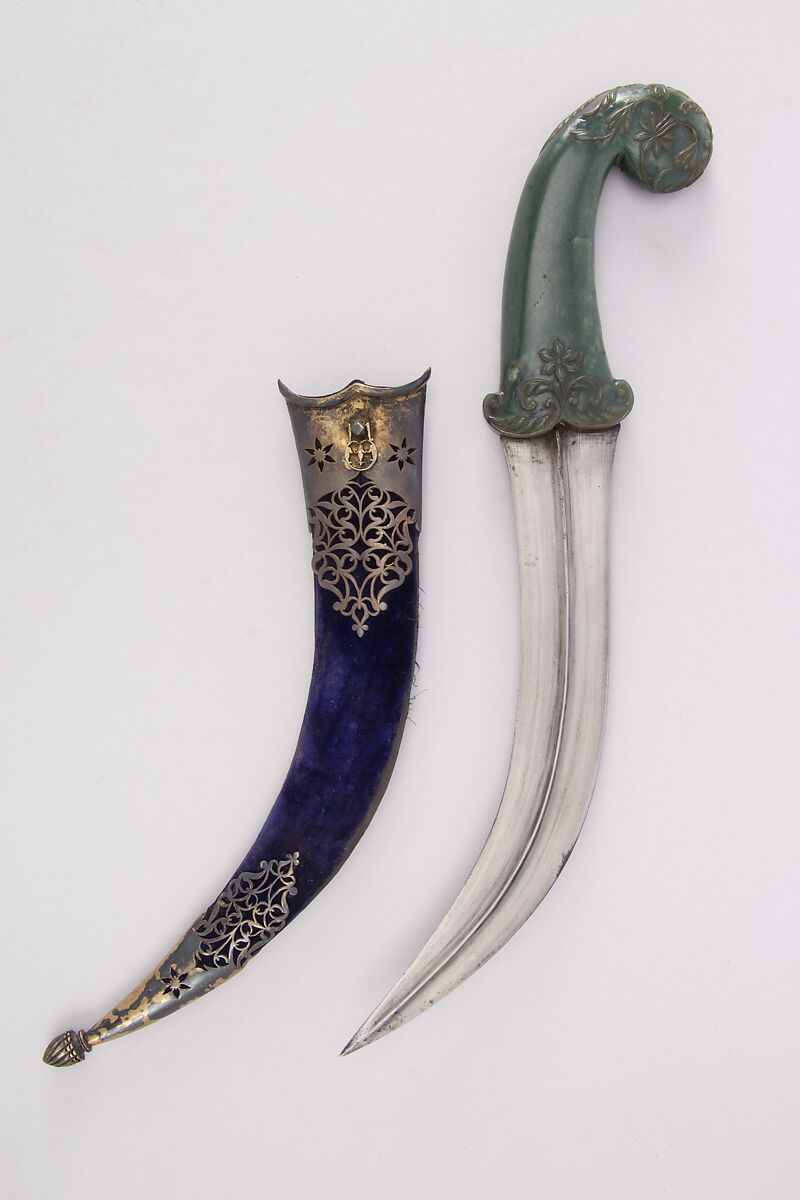 Dagger (Jambiya) with Sheath and Carrier, Steel, silver, jade, leather, wood, lacquer, velvet, Indian, Mughal