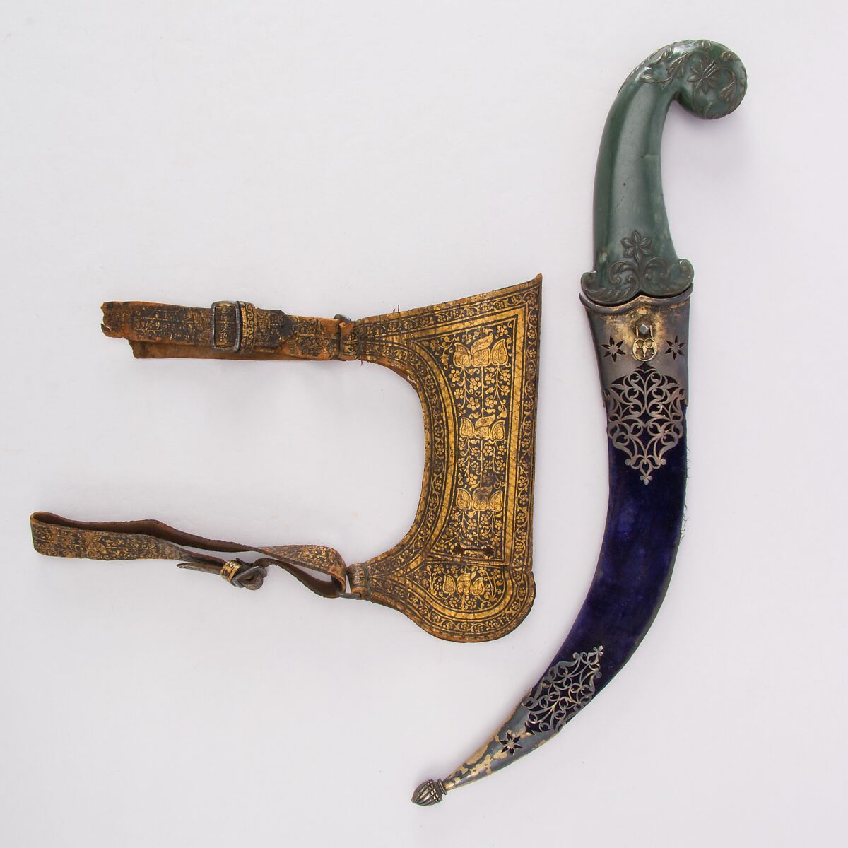 Dagger (Jambiya) with Sheath and Carrier, Steel, silver, jade, leather, wood, lacquer, velvet, Indian, Mughal