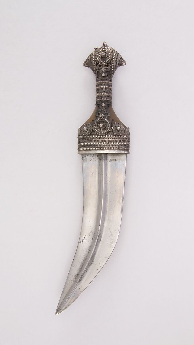 Dagger (Jambiya) with Sheath and Belt, Steel, wood, silver, silver wire, textile, silk, leather, Arabian