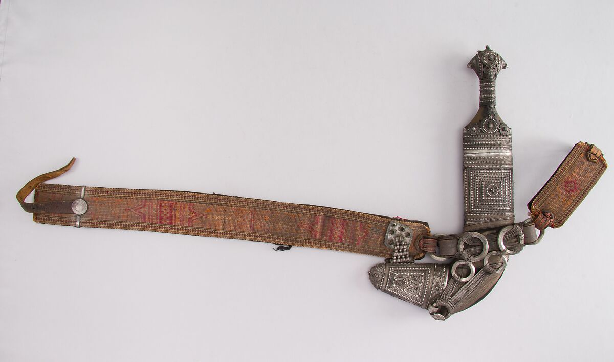 Dagger (Jambiya) with Sheath and Belt, Steel, wood, silver, silver wire, textile, silk, leather, Arabian
