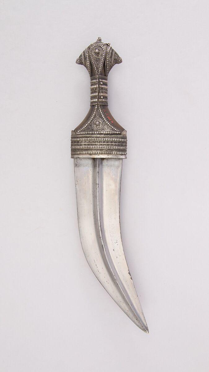 Dagger (Jambiya) with Sheath and Belt, Steel, wood, silver, silver wire, textile, silk, leather, Arabian 