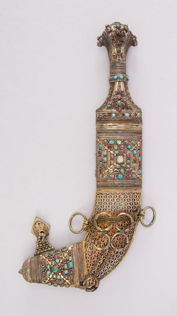 Dagger (Jambiya) with Sheath, Steel, wood, silver, gold, copper foil, pigment, paper, glue, Arabian