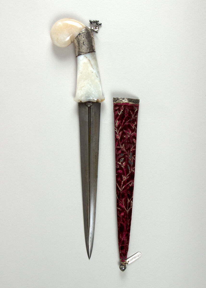 Dagger with Sheath, Steel, jade, silver, velvet, wood, hilt, Persian; blade, Indian 