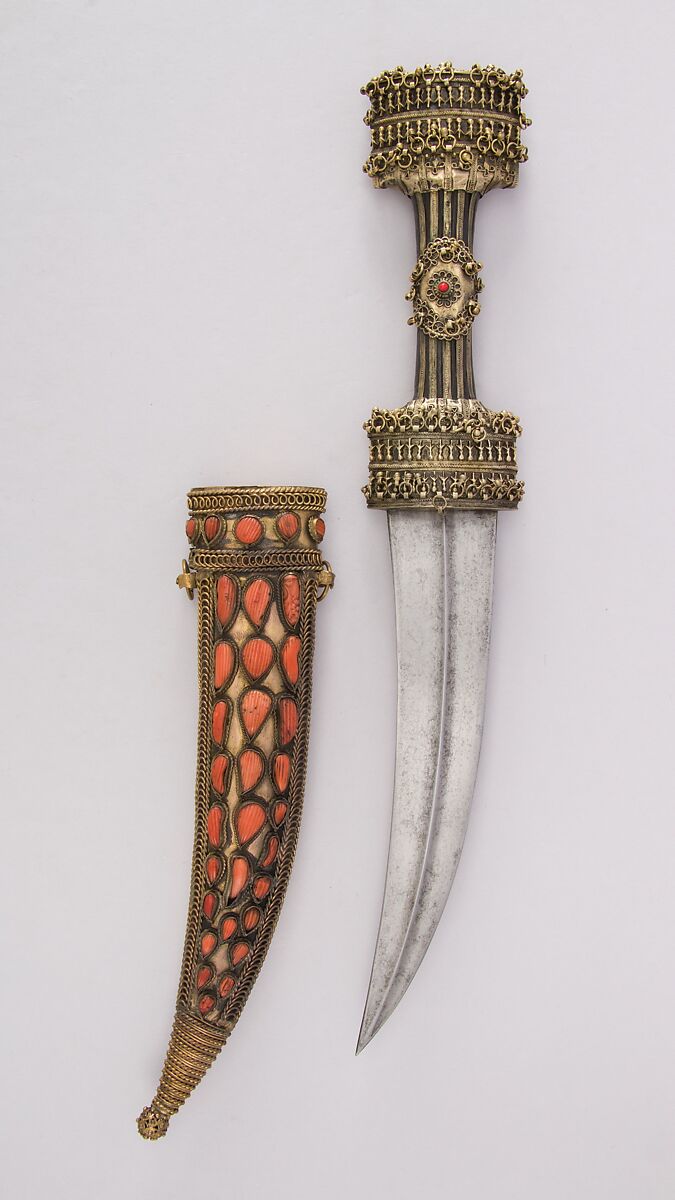 Dagger (Jambiya) with Sheath, Steel, wood, gold, brass, coral, copper, Albanian 