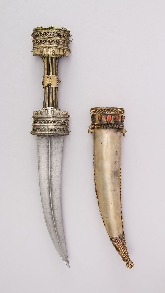 Dagger (Jambiya) with Sheath, Steel, wood, gold, brass, coral, copper, Albanian