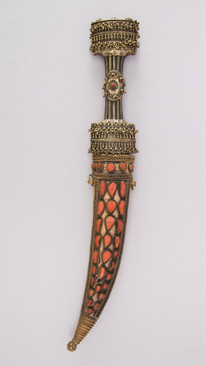 Dagger (Jambiya) with Sheath, Steel, wood, gold, brass, coral, copper, Albanian