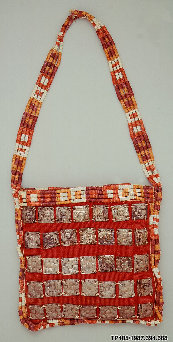 Bag, Cotton, camelid hair, silver, shell beads, Chimú