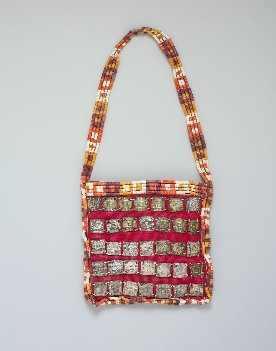 Bag, Cotton, camelid hair, silver, shell beads, Chimú 