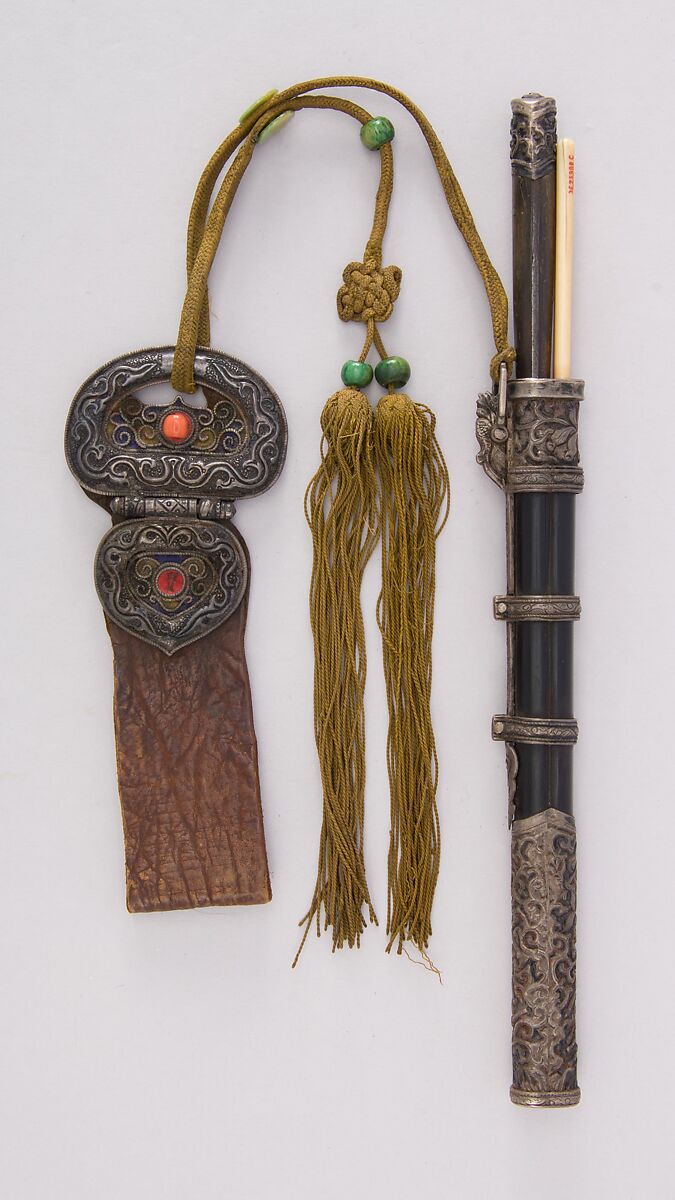 Knife with Sheath, Chopsticks and Belt Loop, Steel, wood, ebony, ivory, silver, brass, leather, coral, Chinese, Manchuria or Mongolian