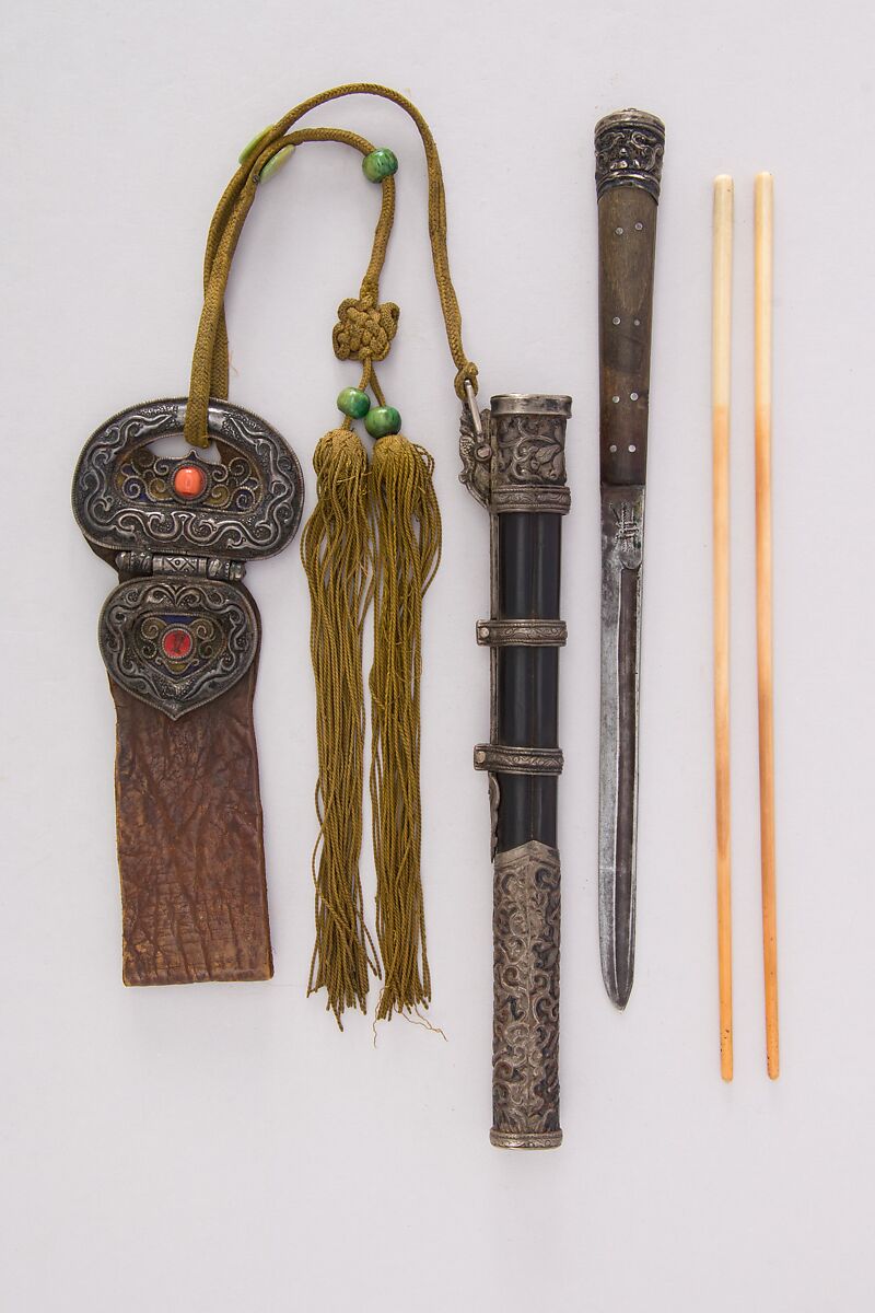 Knife with Sheath, Chopsticks and Belt Loop, Steel, wood, ebony, ivory, silver, brass, leather, coral, Chinese, Manchuria or Mongolian