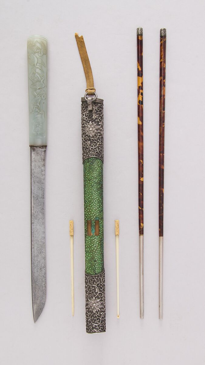 Knife with Sheath, Chopsticks, Picks, and Earspoon, Steel, jade, wood, silver, tortoiseshell, shark skin, ivory, Chinese