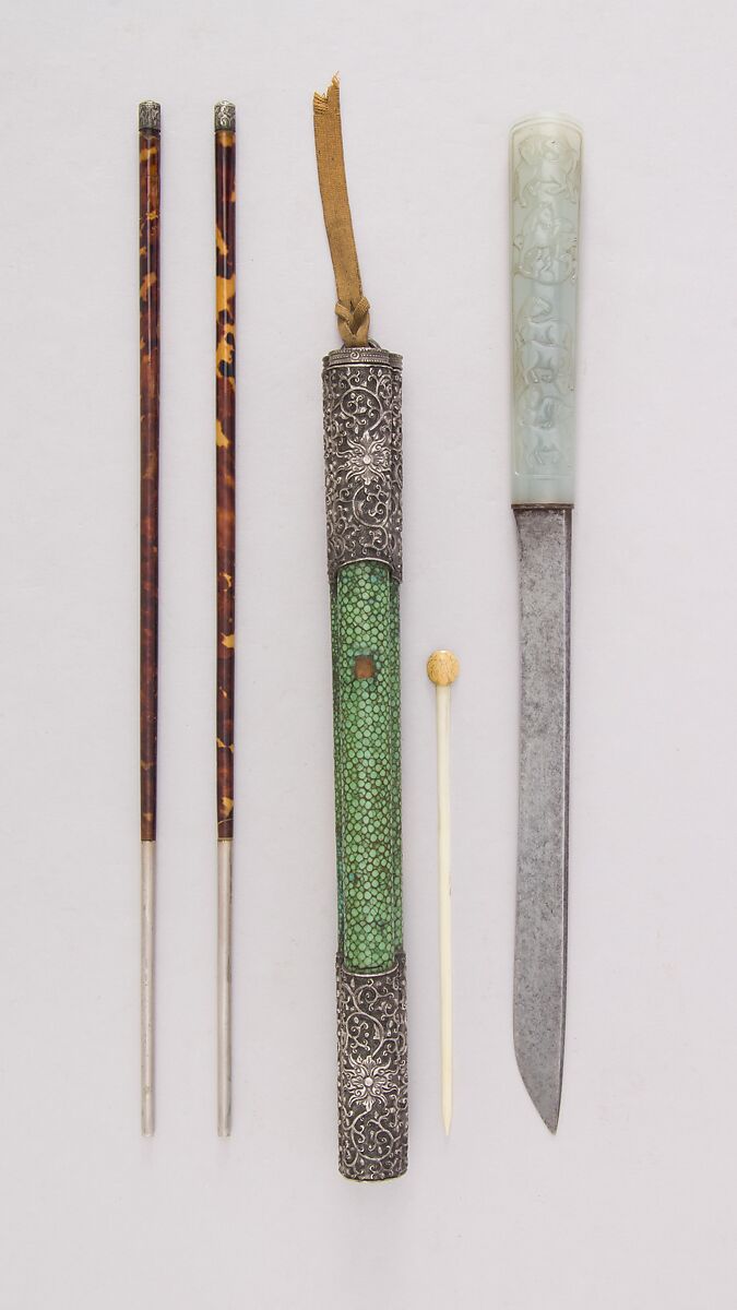 Knife with Sheath, Chopsticks, Picks, and Earspoon, Steel, jade, wood, silver, tortoiseshell, shark skin, ivory, Chinese