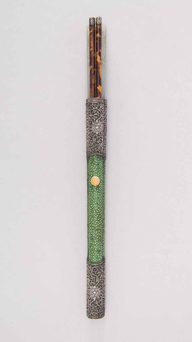 Knife with Sheath, Chopsticks, Picks, and Earspoon, Steel, jade, wood, silver, tortoiseshell, shark skin, ivory, Chinese