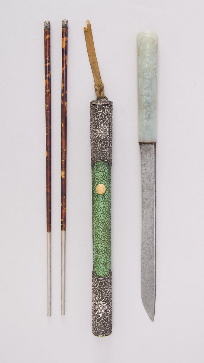 Knife with Sheath, Chopsticks, Picks, and Earspoon, Steel, jade, wood, silver, tortoiseshell, shark skin, ivory, Chinese 