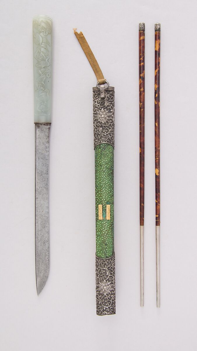Knife with Sheath, Chopsticks, Picks, and Earspoon, Steel, jade, wood, silver, tortoiseshell, shark skin, ivory, Chinese