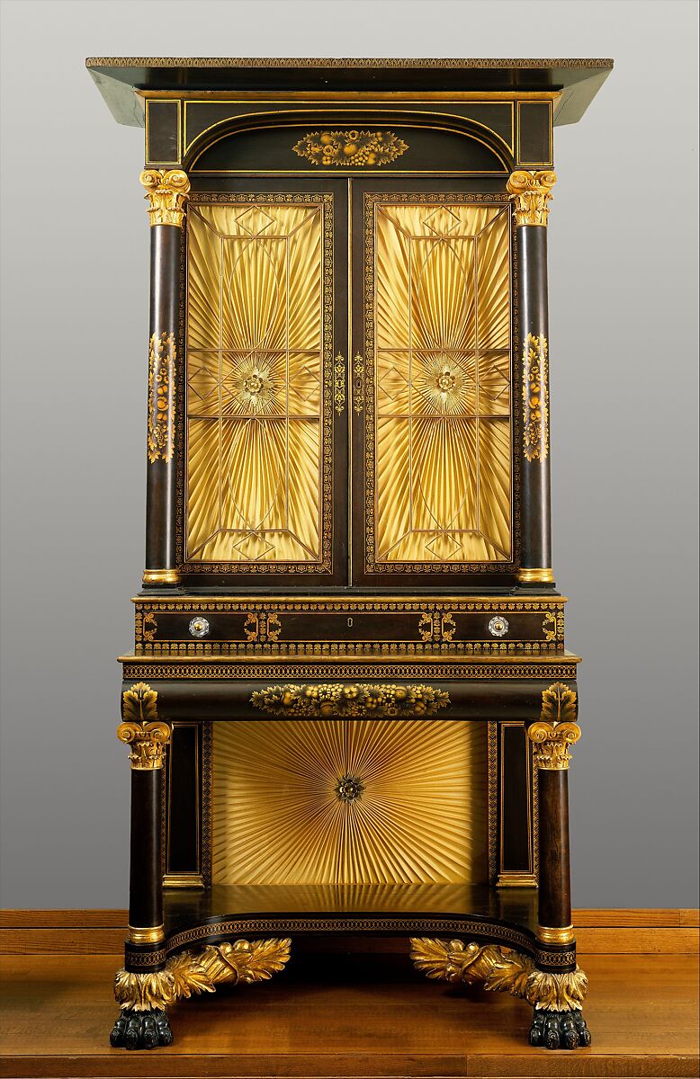 Secretary-bookcase, Possibly by Robert Fisher (American, active 1824–37), Ebonized mahogany, mahogany, mahogany veneer, gilding, bronzing, stamped brass ornaments, and glass (secondary woods: pine, poplar, cherry), American 