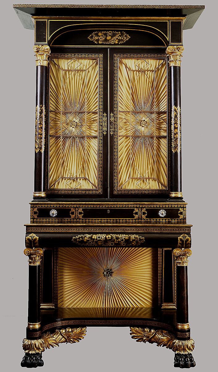 Secretary-bookcase, Possibly by Robert Fisher (American, active 1824–37), Ebonized mahogany, mahogany, mahogany veneer, gilding, bronzing, stamped brass ornaments, and glass (secondary woods: pine, poplar, cherry), American