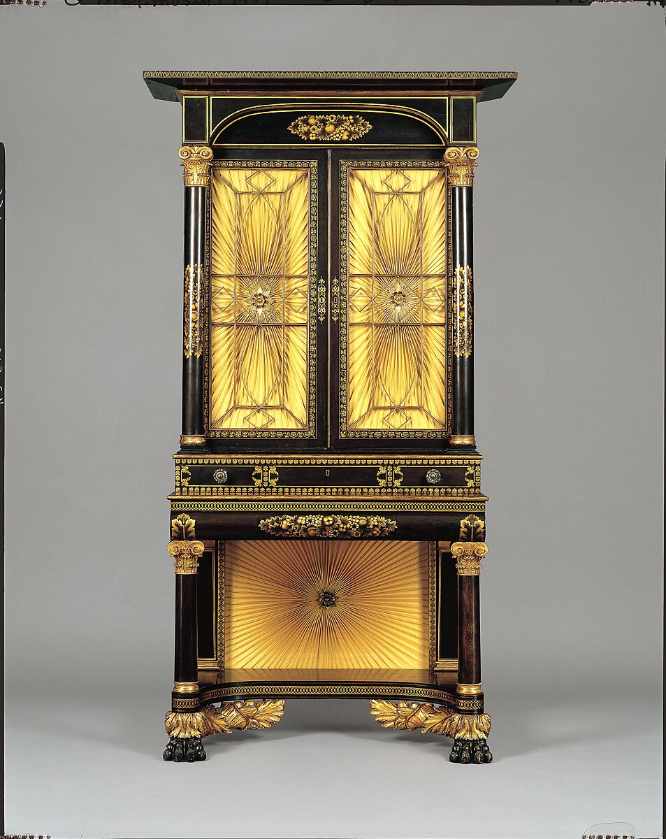 Secretary-bookcase, Possibly by Robert Fisher (American, active 1824–37), Ebonized mahogany, mahogany, mahogany veneer, gilding, bronzing, stamped brass ornaments, and glass (secondary woods: pine, poplar, cherry), American