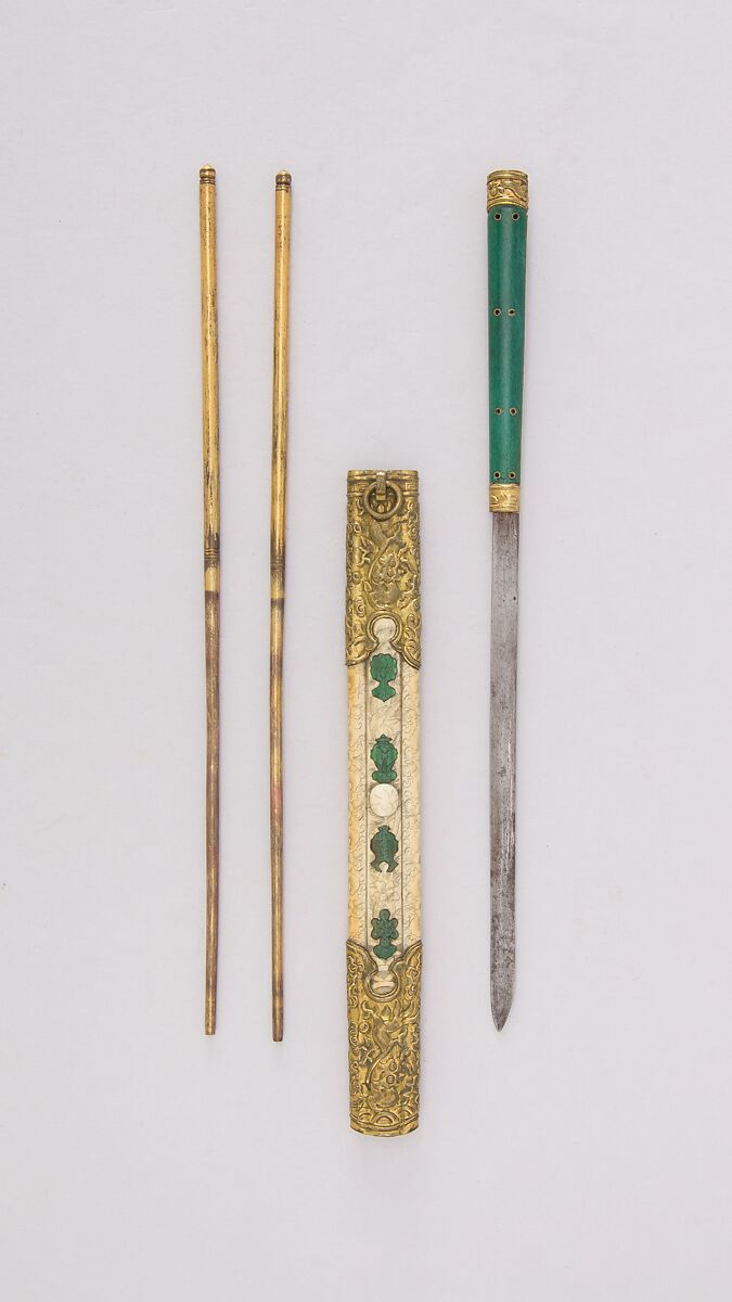 Knife with Sheath, Chopsticks, and Earspoon, Steel, wood, ivory, brass, gold, Chinese