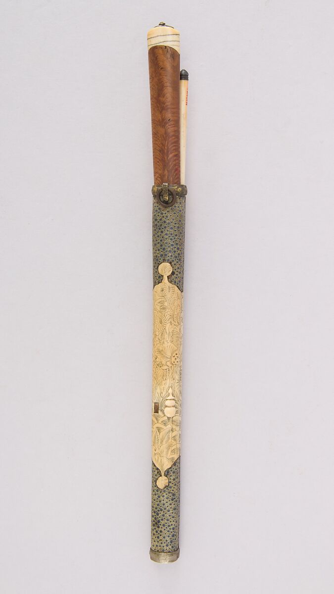 Knife with Sheath, Chopsticks, Pickle Spear and Picks, Steel, wood, ivory, silver, brass, leather, Chinese