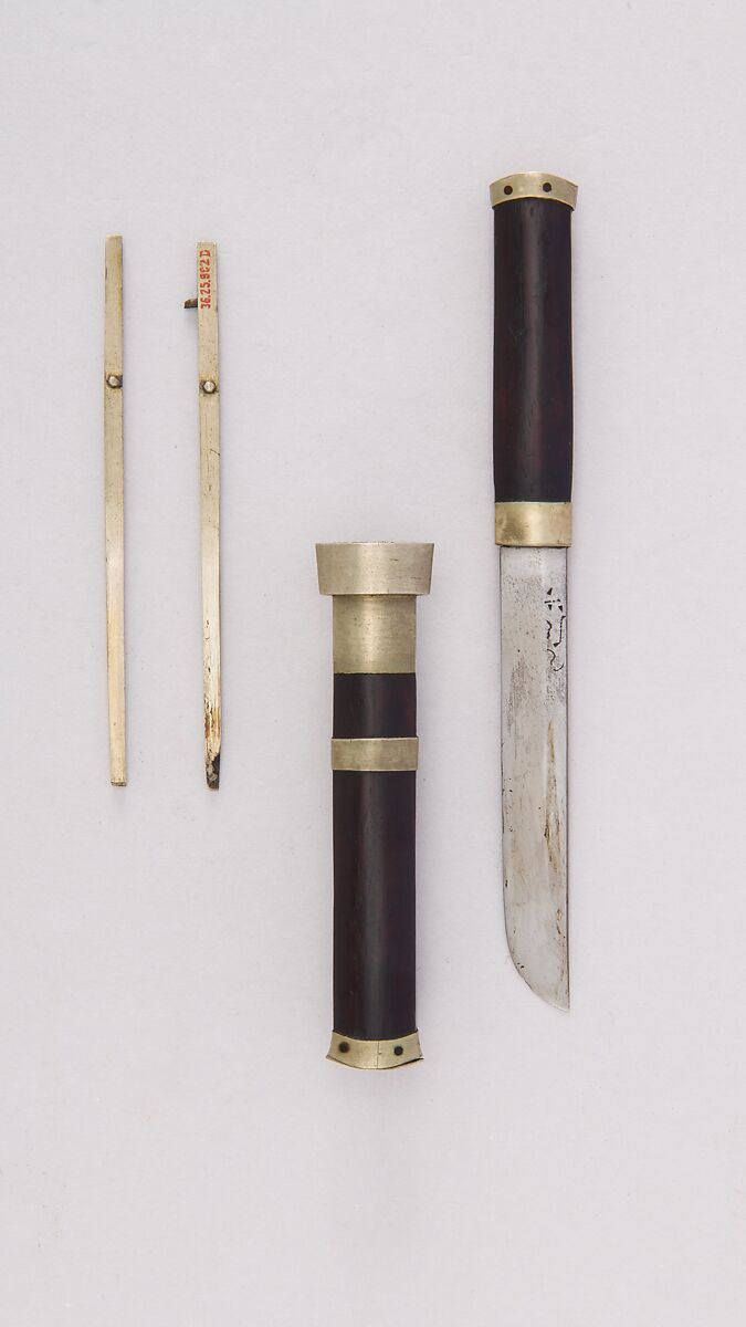 Knife with Sheath and Chopsticks, Steel, wood, brass, Korean 