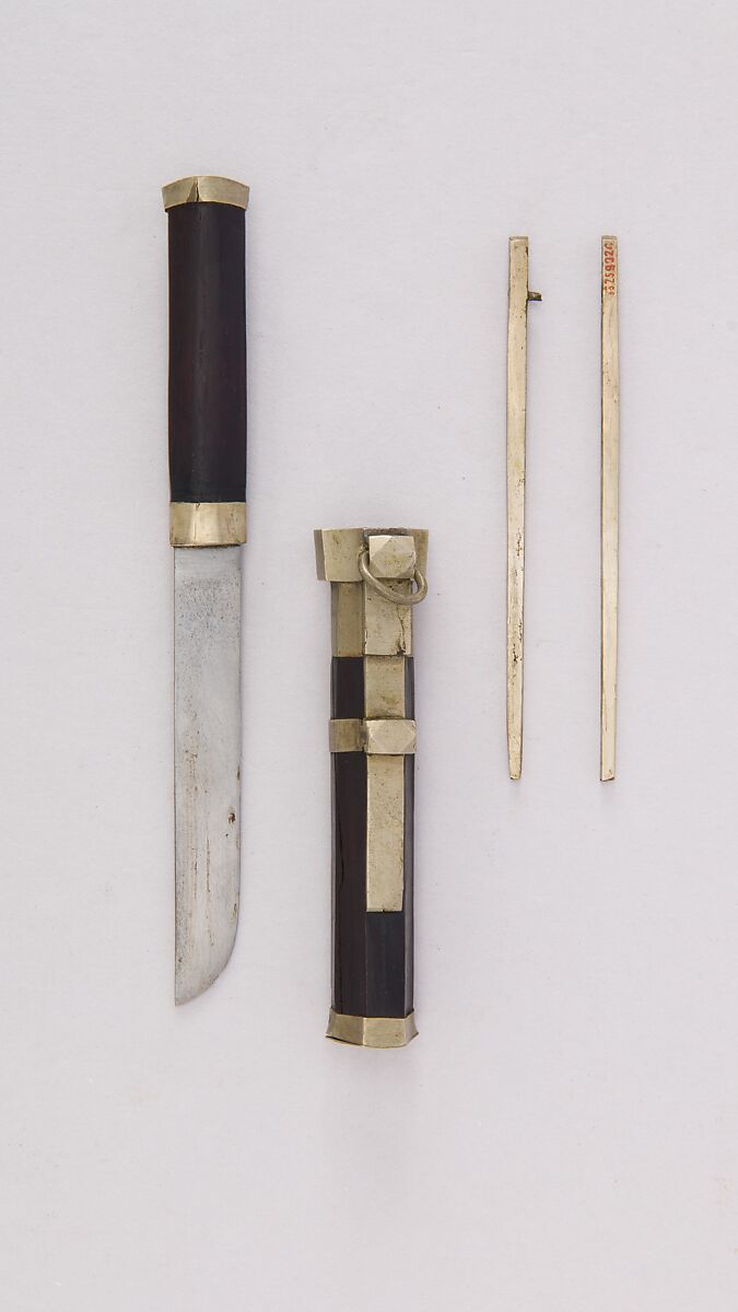 Knife with Sheath and Chopsticks, Steel, wood, brass, Korean