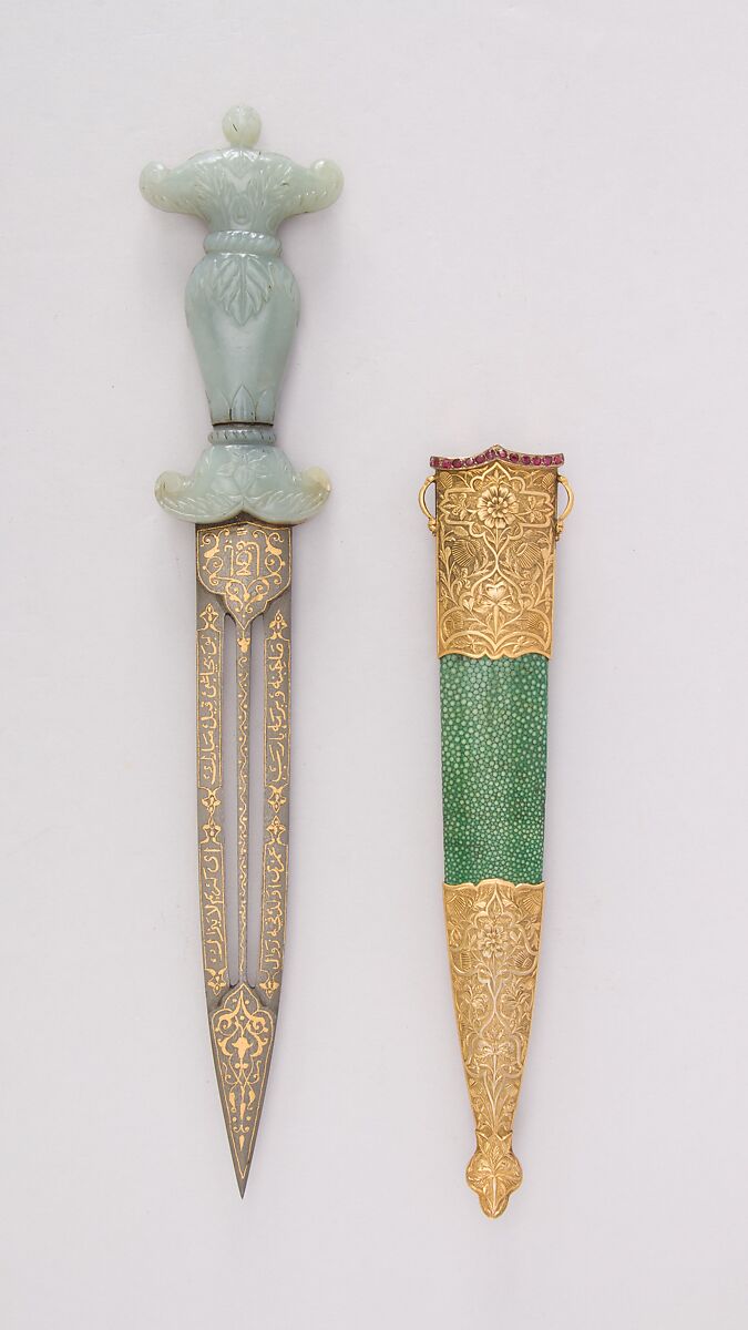 Dagger with Sheath, Jade, steel, gold, copper, shagreen, gemstone, Turkish