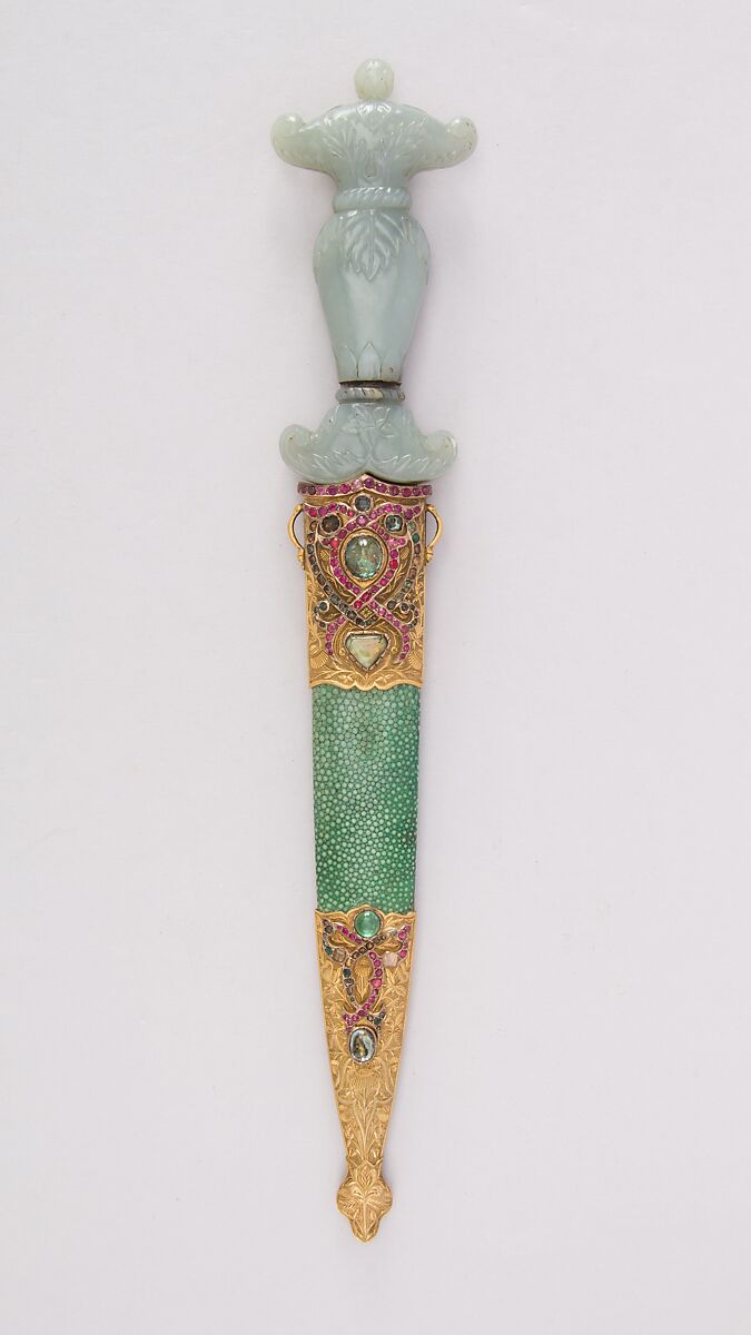 Dagger with Sheath, Jade, steel, gold, copper, shagreen, gemstone, Turkish