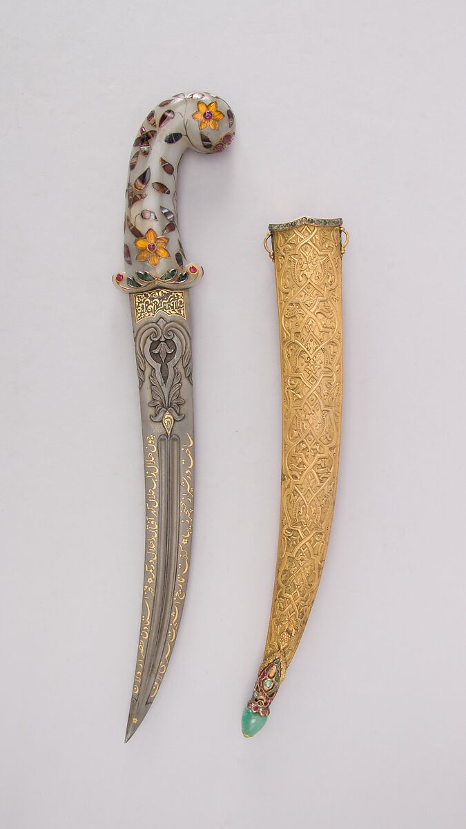 Dagger with Scabbard, Steel, copper, nephrite, agate, gemstones, colored stones, gold, silver, blade and scabbard, Turkish; hilt, probably Indian
